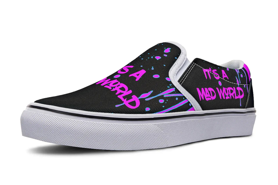 Black slip-on sneakers featuring asymmetrical cyber cat punk artwork and graffiti statements with white detailing — the Cyber Cat Pink Edition by Sky Titan Media, fusing futuristic street rebellion with bold, music-charged expression.
The left shoe’s raw typography spreads in motion—graffiti dripping over black canvas, framed by clean white accents. Street energy, fine-tuned for daily disruption.
