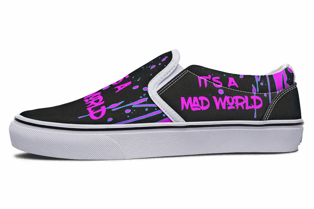 Black slip-on sneakers featuring asymmetrical cyber cat punk artwork and graffiti statements with white detailing — the Cyber Cat Pink Edition by Sky Titan Media, fusing futuristic street rebellion with bold, music-charged expression.
The left shoe’s raw typography spreads in motion—graffiti dripping over black canvas, framed by clean white accents. Street energy, fine-tuned for daily disruption.