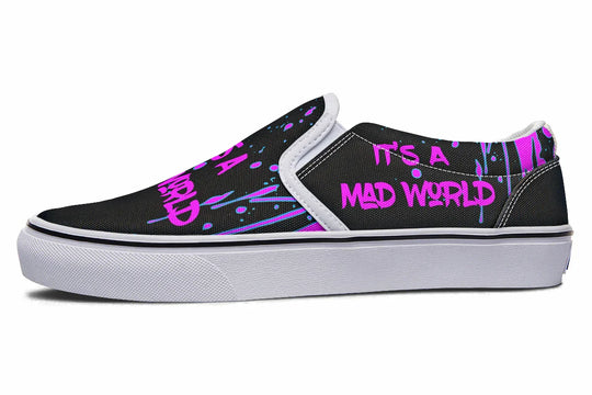 Black slip-on sneakers featuring asymmetrical cyber cat punk artwork and graffiti statements with white detailing — the Cyber Cat Pink Edition by Sky Titan Media, fusing futuristic street rebellion with bold, music-charged expression.
The left shoe’s raw typography spreads in motion—graffiti dripping over black canvas, framed by clean white accents. Street energy, fine-tuned for daily disruption.