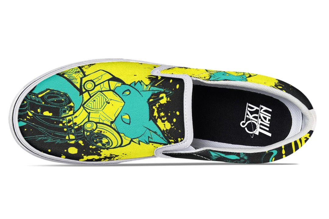 Top view reveals a clean, sleek shape with smooth black tongue areas and vamp, framed by bold black canvas, crisp white stitching. Inner footbed features Sky Titan branding — pure energy inside. These black slip-on sneakers feature neon yellow cyber cat graphics and graffiti slogans — Cyber Cat Yellow Edition by Sky Titan Media, built for rebels with futuristic flair and music-fueled streetwear energy.