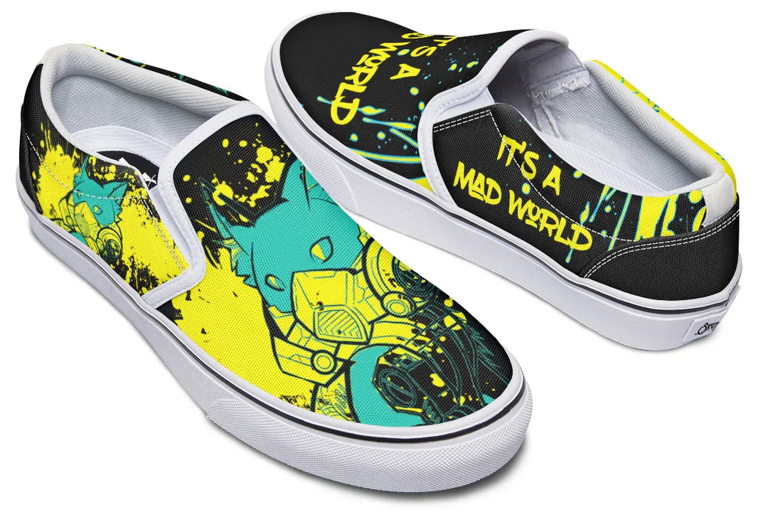 Side-by-side, the left side screams “IT’S A MAD WORLD” while the right shows off the pink Cyber Cat face — a mirror of chaos and clarity, framed by urban yellow splashes. These black slip-on sneakers feature neon yellow cyber cat graphics and graffiti slogans — Cyber Cat Yellow Edition by Sky Titan Media, built for rebels with futuristic flair and music-fueled streetwear energy.
