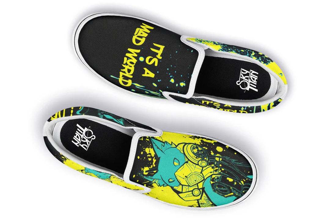 Top view reveals a clean, sleek shape with smooth black tongue areas and vamp, framed by bold black canvas, crisp white stitching, and white toe caps for contrast. Inner footbed features Sky Titan branding — pure energy inside. These black slip-on sneakers feature neon yellow cyber cat graphics and graffiti slogans — Cyber Cat Yellow Edition by Sky Titan Media, built for rebels with futuristic flair and music-fueled streetwear energy.