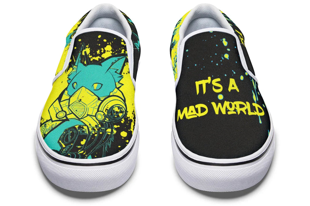 These black slip-on sneakers feature neon yellow cyber cat graphics and graffiti slogans — Cyber Cat Yellow Edition by Sky Titan Media, built for rebels with futuristic flair and music-fueled streetwear energy.