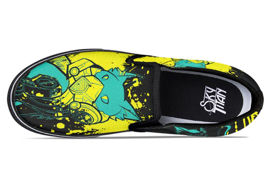 These black slip-on sneakers feature neon yellow cyber cat graphics, graffiti slogans. The inner footbeds reveal branded Sky Titan lining — ready for futuristic mischief.  — Cyber Cat Yellow Edition by Sky Titan Media, built for rebels with futuristic flair and music-fueled streetwear energy.