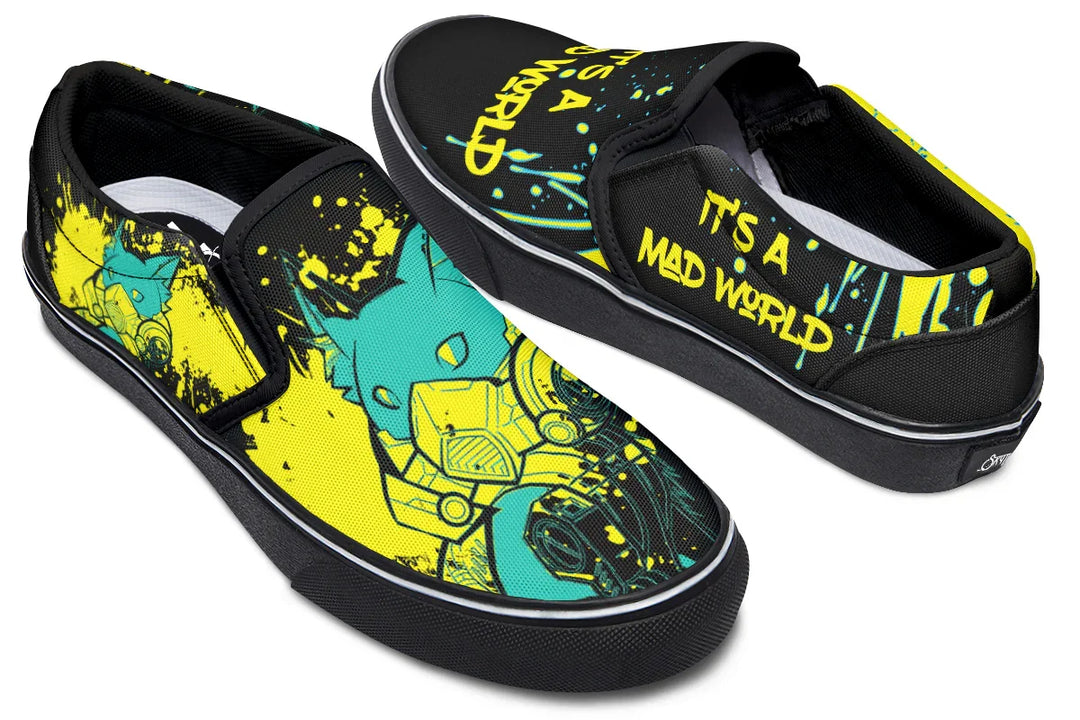Side-by-side, the left side screams “IT’S A MAD WORLD” while the right shows off the pink Cyber Cat face — a mirror of chaos and clarity, framed by urban yellow splashes. These black slip-on sneakers feature neon yellow cyber cat graphics and graffiti slogans — Cyber Cat Yellow Edition by Sky Titan Media, built for rebels with futuristic flair and music-fueled streetwear energy.