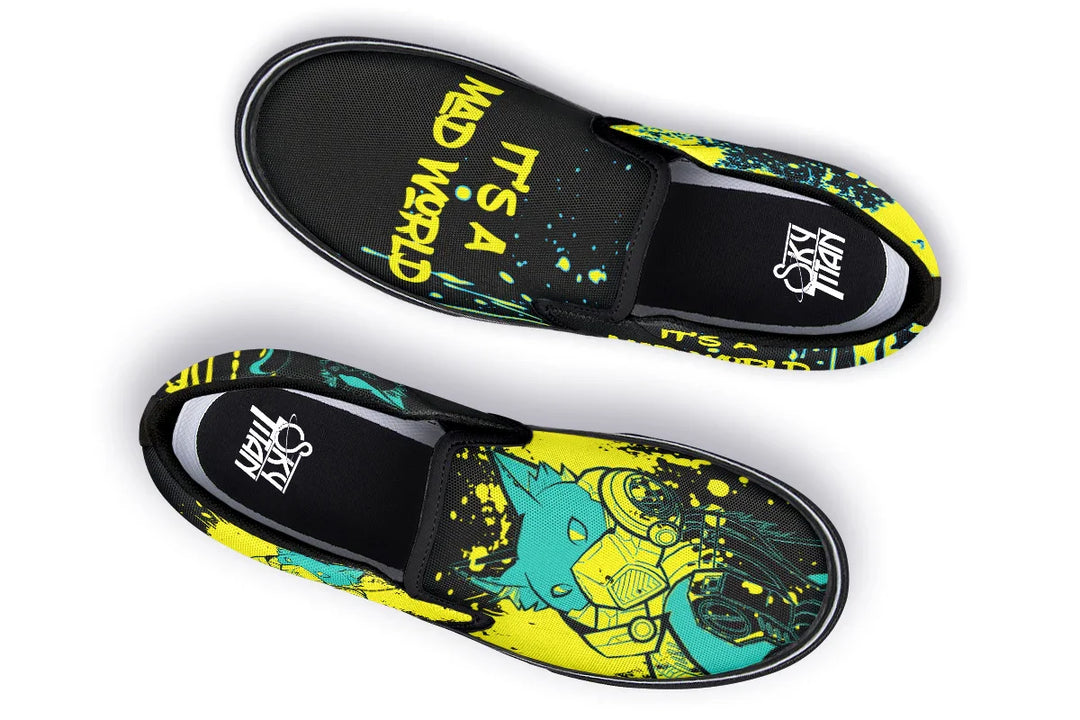 Top view reveals a clean, sleek shape with black Velcro straps and tongue panels. Inner footbed features Sky Titan branding — pure energy inside. These black slip-on sneakers feature neon yellow cyber cat graphics and graffiti slogans — Cyber Cat Yellow Edition by Sky Titan Media, built for rebels with futuristic flair and music-fueled streetwear energy.