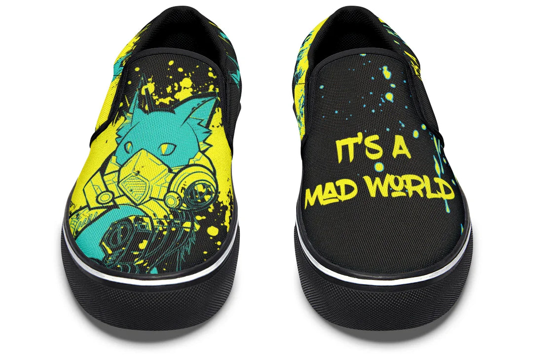 These black slip-on sneakers feature neon yellow cyber cat graphics and graffiti slogans — Cyber Cat Yellow Edition by Sky Titan Media, built for rebels with futuristic flair and music-fueled streetwear energy.
