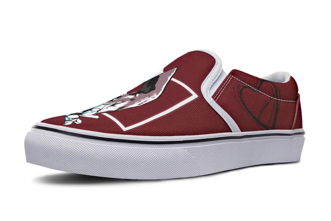 Side profile of the “July” slip-on sneaker, now reimagined with a crisp white sole and bold stitching. The red canvas upper remains intact, showcasing heart line art on the heel—subtly blending softness and futuristic romance.