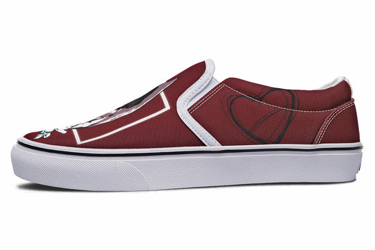 Side profile of the “July” slip-on sneaker, now reimagined with a crisp white sole and bold stitching. The red canvas upper remains intact, showcasing heart line art on the heel—subtly blending softness and futuristic romance.