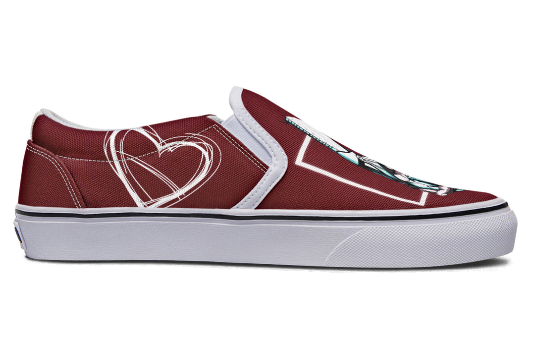 Side profile of the “July” slip-on sneaker, now reimagined with a crisp white sole and bold stitching. The red canvas upper remains intact, showcasing heart line art on the heel—subtly blending softness and futuristic romance.