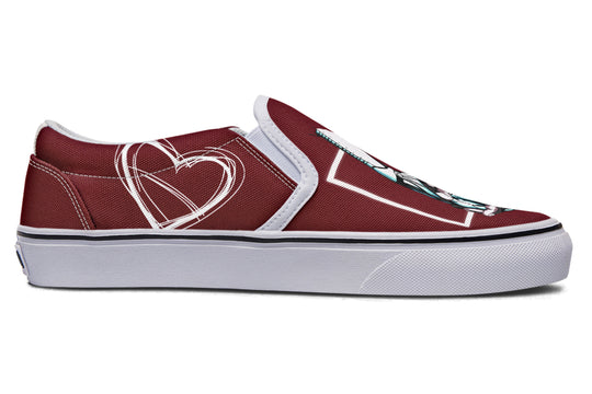 Side profile of the “July” slip-on sneaker, now reimagined with a crisp white sole and bold stitching. The red canvas upper remains intact, showcasing heart line art on the heel—subtly blending softness and futuristic romance.