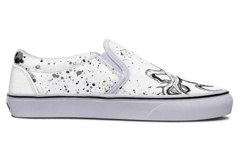 Side view of the Octopus White Edition slip-ons featuring rich black octopus illustration and subtle splatter details on an all-white canvas, finished with a white sole to maintain a crisp, cohesive look.