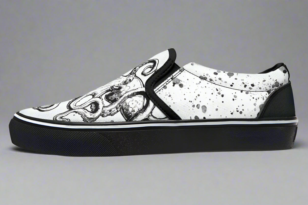 Studio-lit side profile of the Octopus Dual Canvas Edition by Sky Titan Media – showcasing mismatched canvas colors, reversed octopus art, and streetwear-inspired splatter detailing for expressive everyday wear.