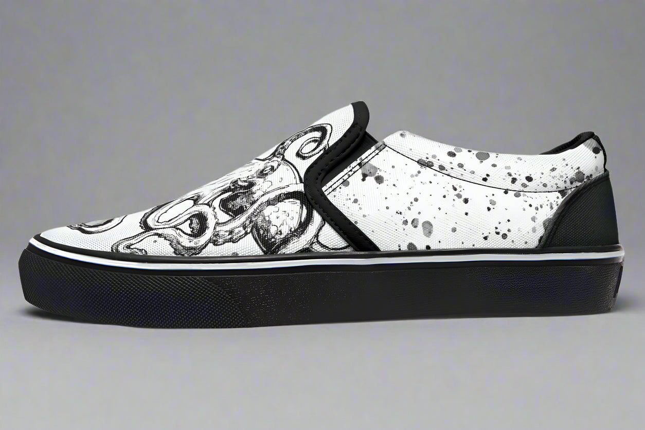 Studio-lit side profile of the Octopus Dual Canvas Edition by Sky Titan Media – showcasing mismatched canvas colors, reversed octopus art, and streetwear-inspired splatter detailing for expressive everyday wear.