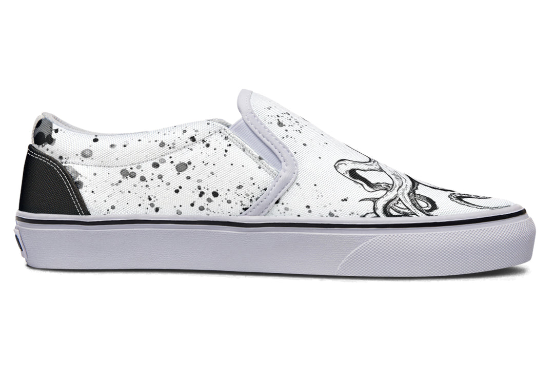 Side view of Sky Titan Media’s Octopus Dual Canvas Edition – White Sole variant, with the right shoe in black canvas and white octopus design, the left in white canvas with black artwork and expressive side splatter, both resting on crisp white soles.
