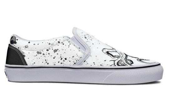 Side view of Sky Titan Media’s Octopus Dual Canvas Edition – White Sole variant, with the right shoe in black canvas and white octopus design, the left in white canvas with black artwork and expressive side splatter, both resting on crisp white soles.
