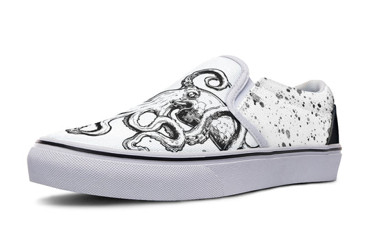 Side view of Sky Titan Media’s Octopus Dual Canvas Edition – White Sole variant, with the right shoe in black canvas and white octopus design, the left in white canvas with black artwork and expressive side splatter, both resting on crisp white soles.