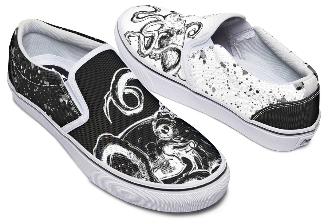 Mismatched black and white slip-on sneakers featuring reversed octopus illustrations and clean white soles – Octopus Dual Canvas Edition (White Sole) by Sky Titan Media, a bold, minimalist expression of contrast and creativity.