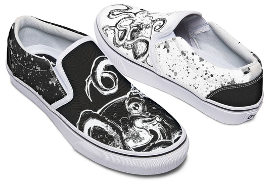 Mismatched black and white slip-on sneakers featuring reversed octopus illustrations and clean white soles – Octopus Dual Canvas Edition (White Sole) by Sky Titan Media, a bold, minimalist expression of contrast and creativity.