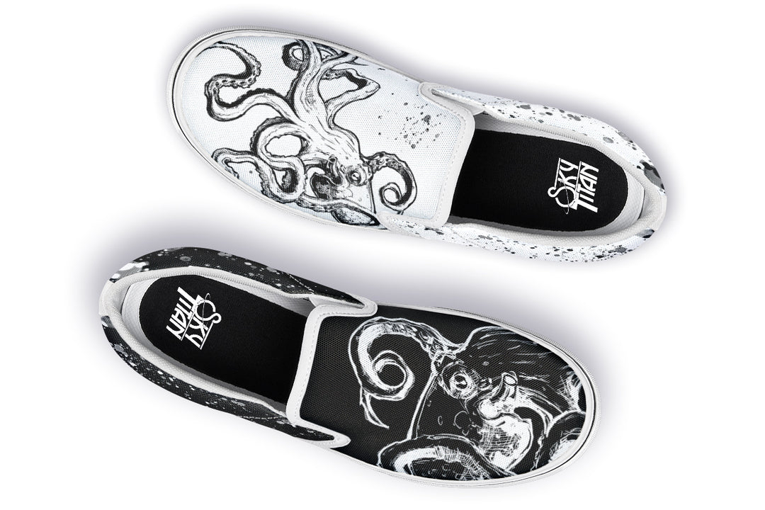 Flat lay of mismatched slip-on sneakers by Sky Titan Media – one black, one white, each with inverse octopus art and paired with bright white soles for balance, form, and flow in this Dual Canvas Edition.