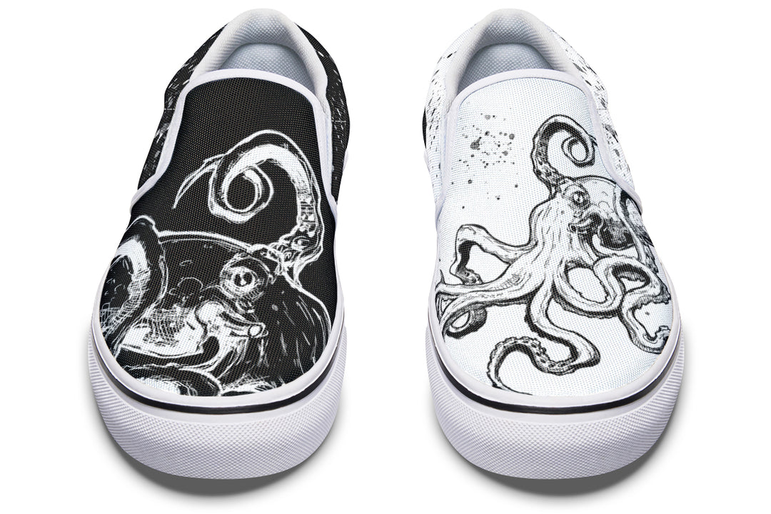 Front-facing view of the Octopus Dual Canvas Edition – White Sole version, highlighting the symmetrical contrast of each upper with soft white soles grounding the expressive streetwear aesthetic.