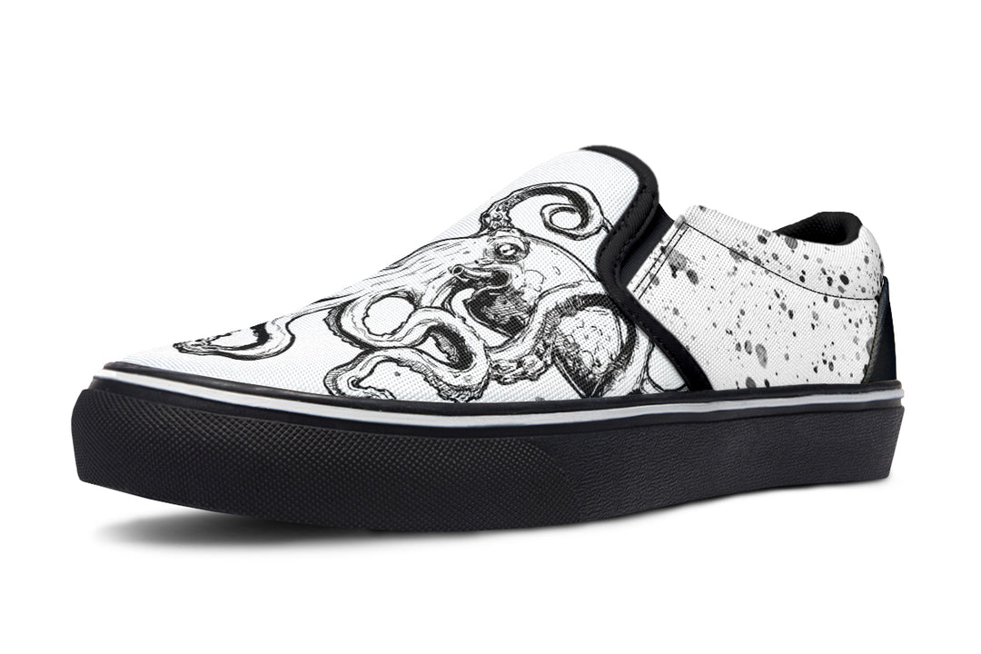 Side profile of the Octopus Dual Canvas Edition by Sky Titan Media – showcasing mismatched canvas colors, reversed octopus art, and streetwear-inspired splatter detailing for expressive everyday wear.