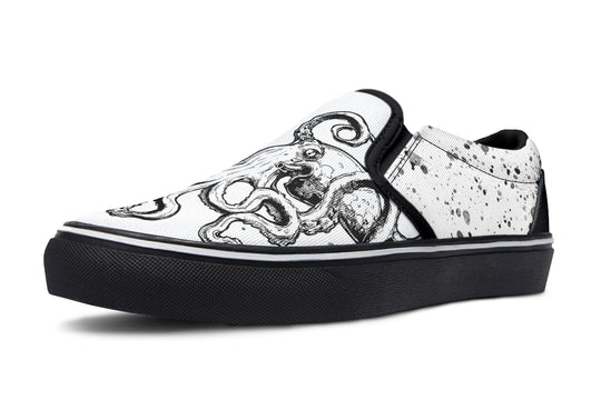 Side profile of the Octopus Dual Canvas Edition by Sky Titan Media – showcasing mismatched canvas colors, reversed octopus art, and streetwear-inspired splatter detailing for expressive everyday wear.