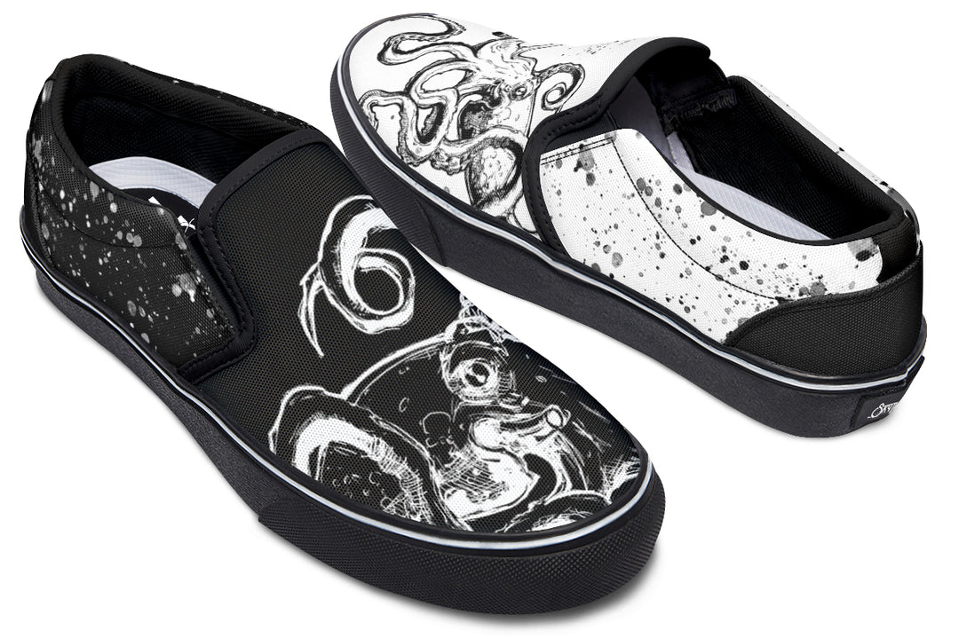 Mismatched black and white slip-on sneakers featuring reversed octopus illustrations and expressive paint splatters – Octopus Dual Canvas Edition by Sky Titan Media, a bold celebration of contrast and individuality.