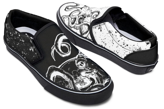 Mismatched black and white slip-on sneakers featuring reversed octopus illustrations and expressive paint splatters – Octopus Dual Canvas Edition by Sky Titan Media, a bold celebration of contrast and individuality.
