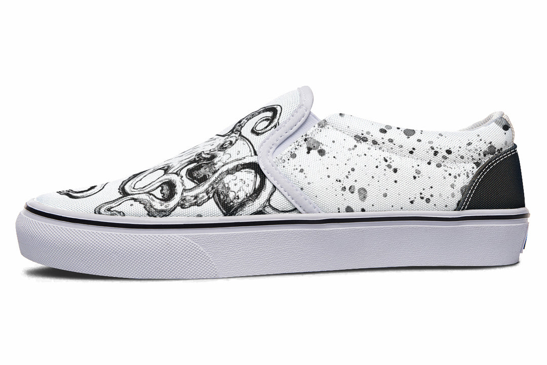 Side view of Sky Titan Media’s Octopus Dual Canvas Edition – White Sole variant, with the right shoe in black canvas and white octopus design, the left in white canvas with black artwork and expressive side splatter, both resting on crisp white soles.