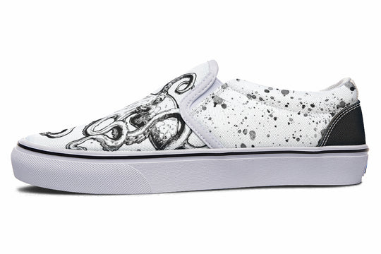 Side view of Sky Titan Media’s Octopus Dual Canvas Edition – White Sole variant, with the right shoe in black canvas and white octopus design, the left in white canvas with black artwork and expressive side splatter, both resting on crisp white soles.