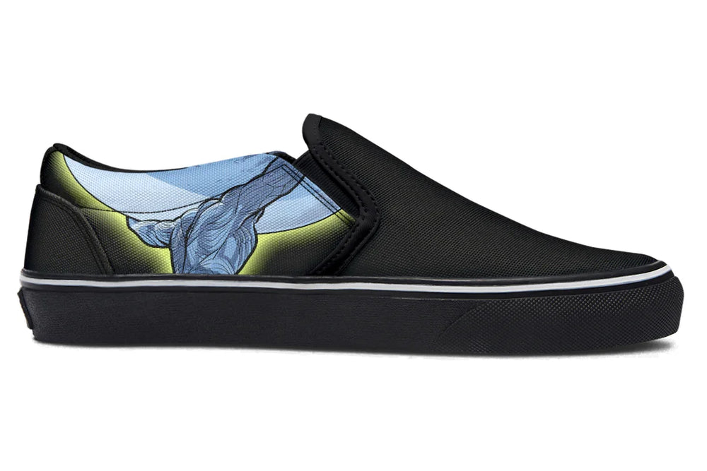 Black slip-on sneaker showing the continuation of the Atlas artwork on the inner side with a neon yellow stroke, with the figure reaching up toward the moon on the opposing shoe — a full mythic arc across both panels. — Skybound design by Sky Titan Media, blending mythology-inspired visuals with streetwear rooted in independent music culture.