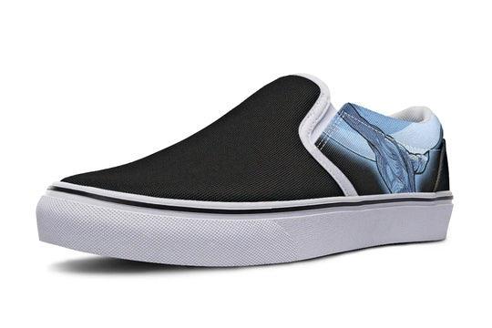 Black slip-on sneaker with white trim and sole, featuring a comic-style illustration of Atlas in blue tones, shown lifting the sky with strength and symbolism. The artwork spans the outer canvas, pairing mythic struggle with modern edge. — Skybound design by Sky Titan Media, blending mythology-inspired visuals with streetwear rooted in independent music culture.