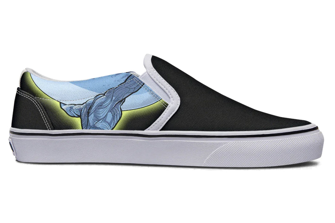 Black slip-on sneaker featuring the continuation of the Atlas illustration on the inner side, accented by a neon yellow stroke and framed by a white inside quarter panel and trim. The mythic figure reaches upward in visual dialogue with the moon on the opposite shoe. — Skybound design by Sky Titan Media, blending mythology-inspired visuals with streetwear rooted in independent music culture.
