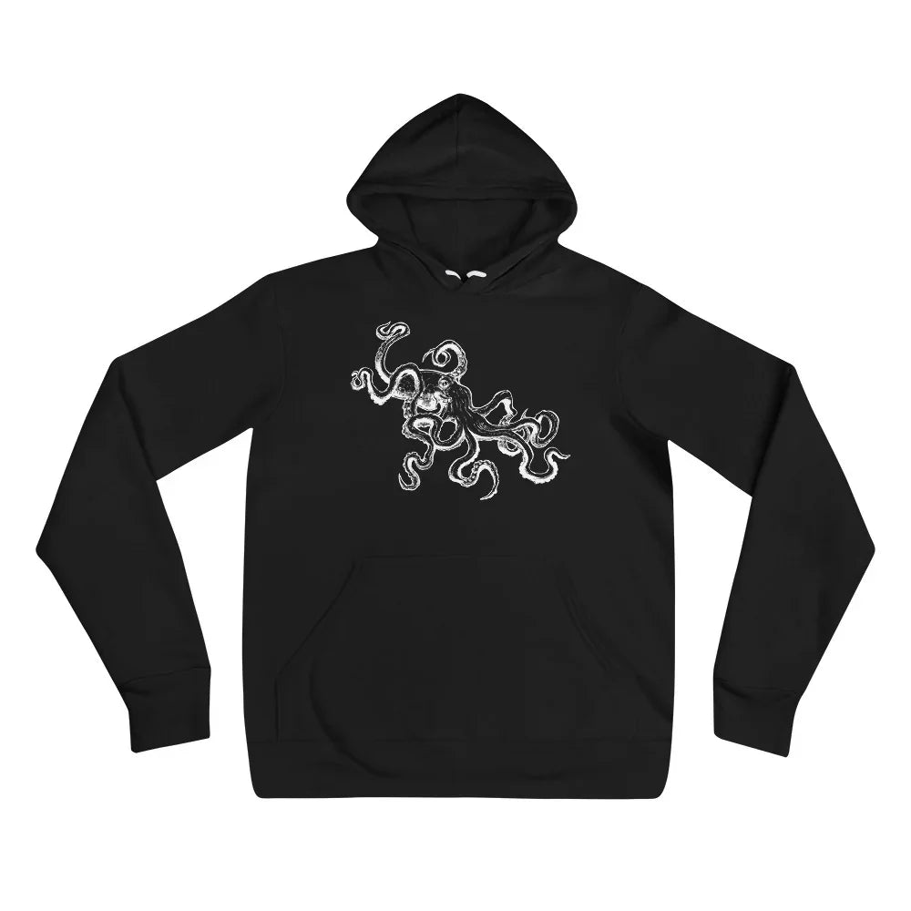 The Octopus Light fleece pullover hoodie in black with white octopus artwork, front product photo