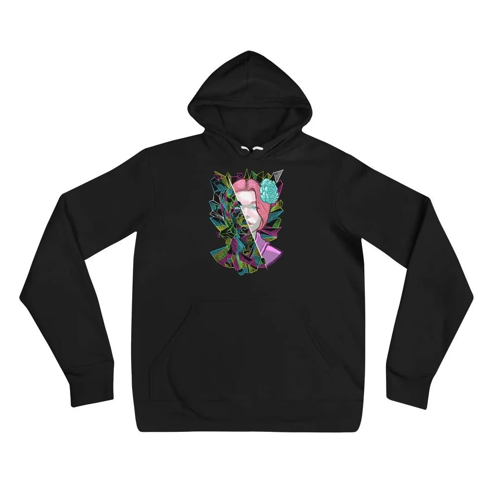 Fractured special SIMS edition black pullover hoodie by Sky Titan and Cory Cory, front product photo